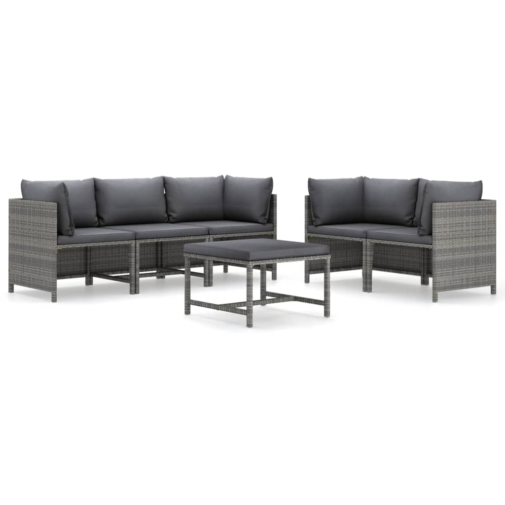 6-Delige Loungeset Met Kussens Poly Rattan Grijs 4x hoek + midden + Tafel