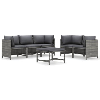 6-Delige Loungeset Met Kussens Poly Rattan Grijs 4x hoek + midden + Tafel