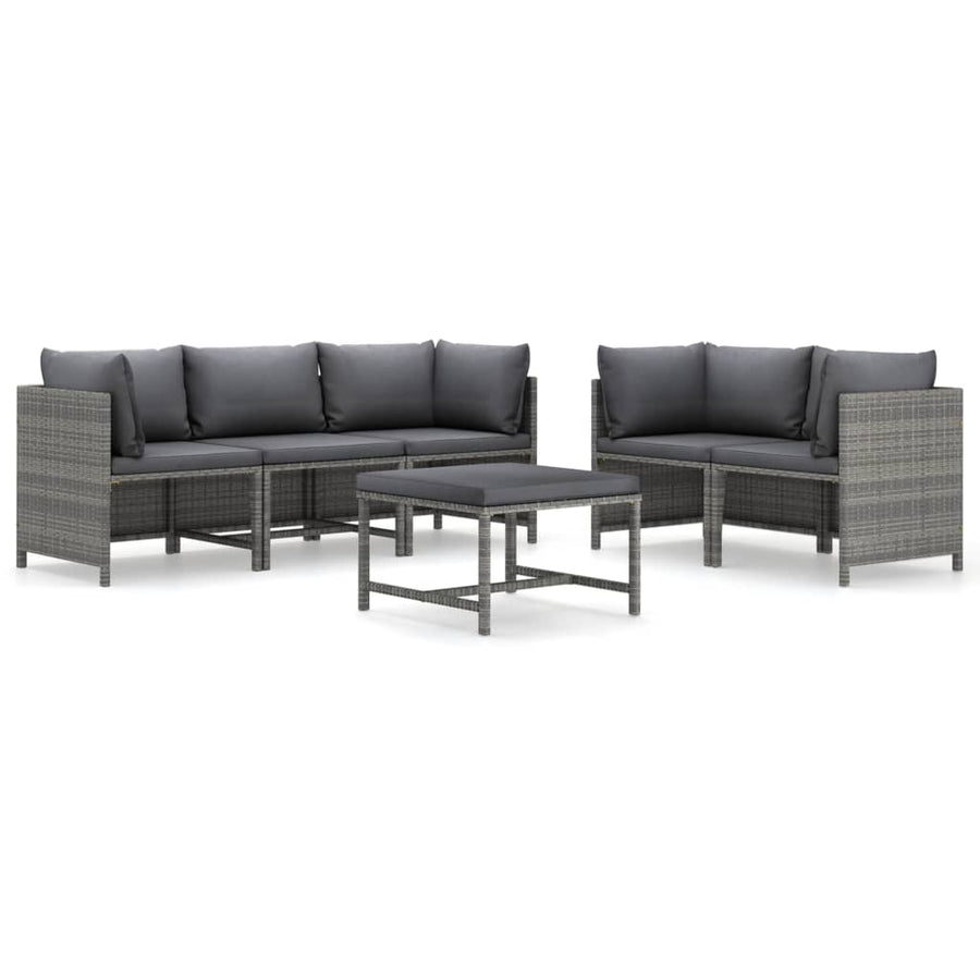 6-Delige Loungeset Met Kussens Poly Rattan Grijs 4x hoek + midden + Tafel