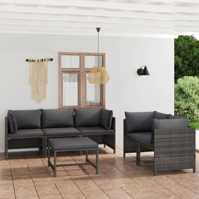 6-Delige Loungeset Met Kussens Poly Rattan Grijs 4x hoek + midden + Tafel