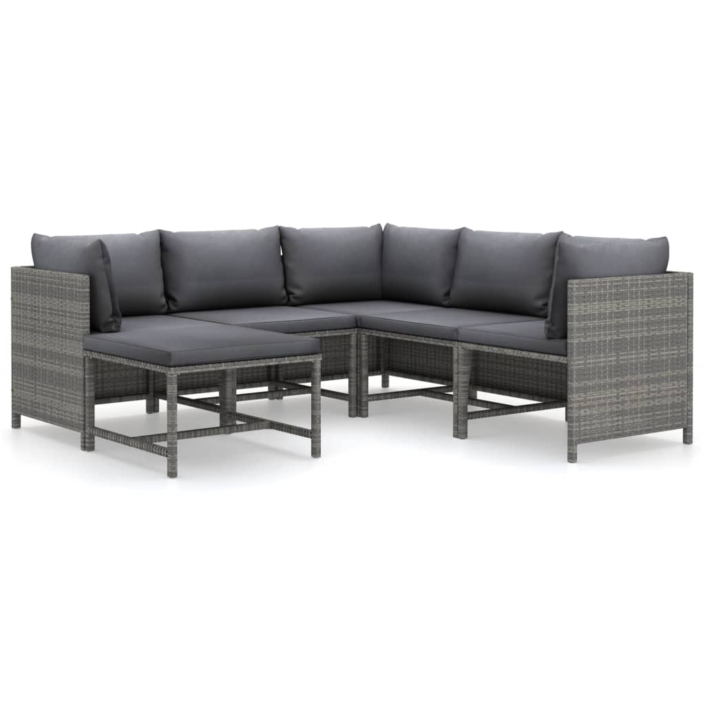 6-Delige Loungeset Met Kussens Poly Rattan Grijs 3x hoek + 2x midden + voetensteun