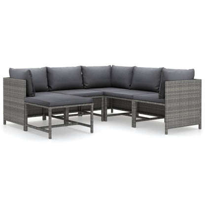 6-Delige Loungeset Met Kussens Poly Rattan Grijs 3x hoek + 2x midden + voetensteun