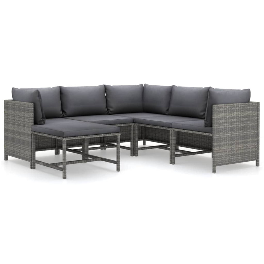 6-Delige Loungeset Met Kussens Poly Rattan Grijs 3x hoek + 2x midden + voetensteun