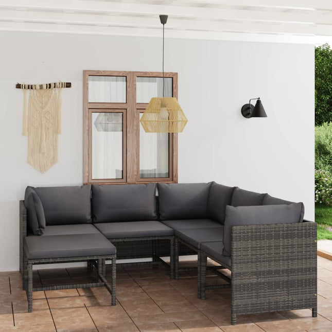 6-Delige Loungeset Met Kussens Poly Rattan Grijs 3x hoek + 2x midden + voetensteun