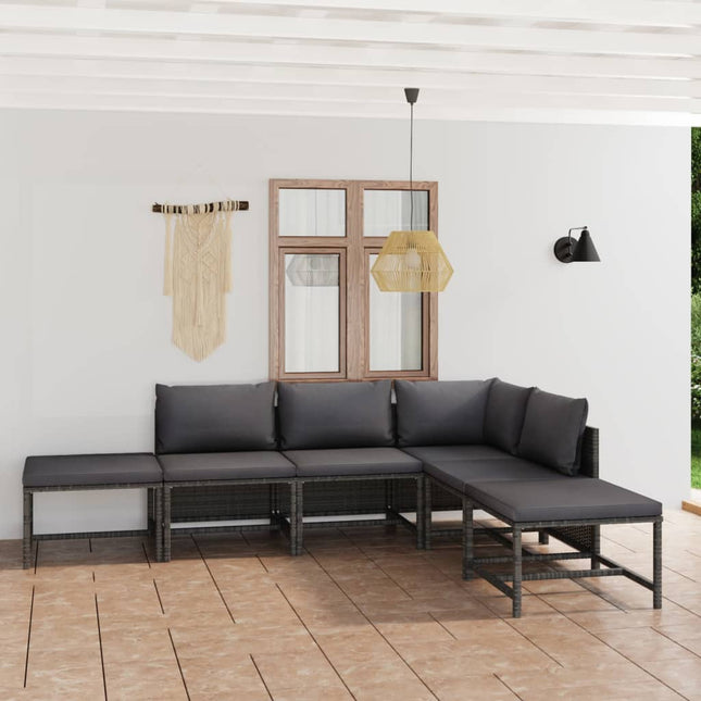 6-Delige Loungeset Met Kussens Poly Rattan Grijs Hoek + 3x midden + 2x voetensteun