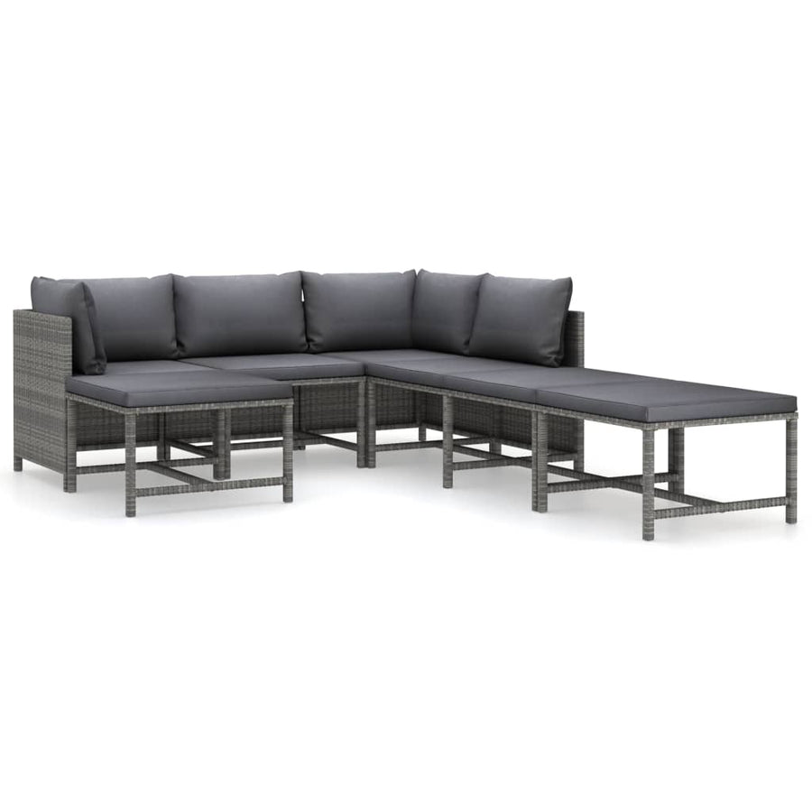 7-Delige Loungeset Met Kussens Poly Rattan Grijs 2x hoek + 2x midden + 3x voetensteun