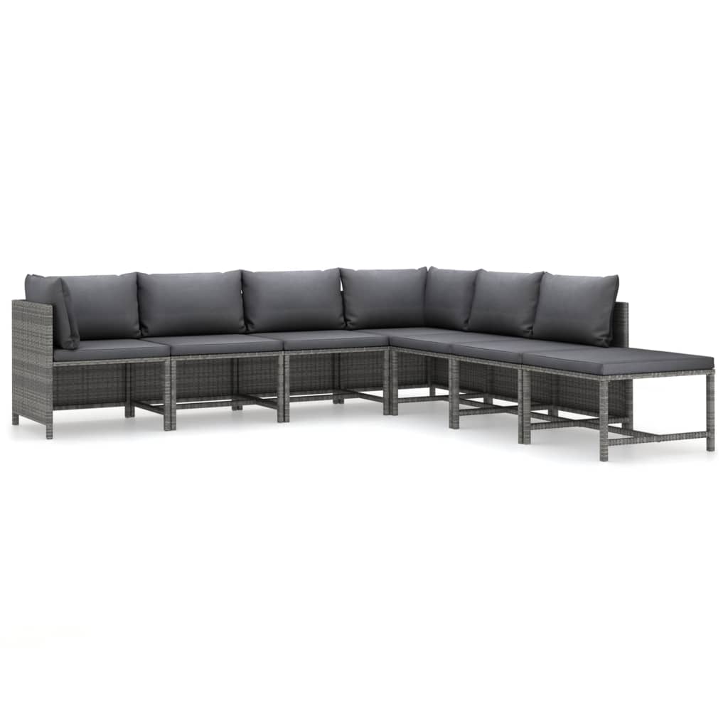 7-Delige Loungeset Met Kussens Poly Rattan Grijs 2x hoek + 4x midden + voetensteun