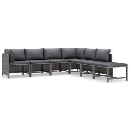 7-Delige Loungeset Met Kussens Poly Rattan Grijs 2x hoek + 4x midden + voetensteun