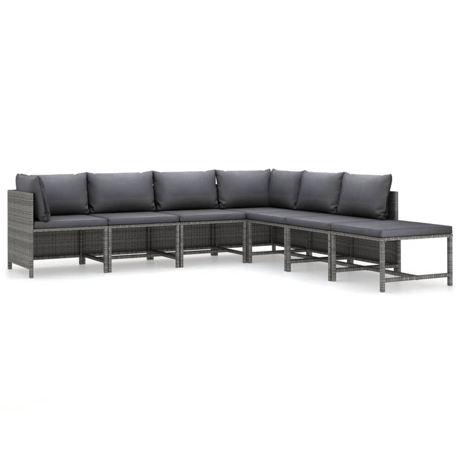 7-Delige Loungeset Met Kussens Poly Rattan Grijs 2x hoek + 4x midden + voetensteun