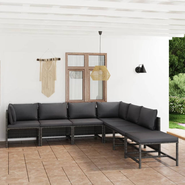 7-Delige Loungeset Met Kussens Poly Rattan Grijs 2x hoek + 4x midden + voetensteun