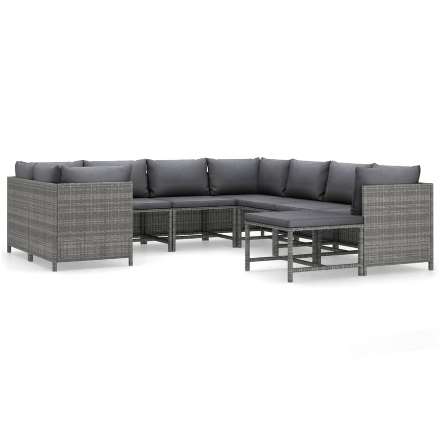 9-Delige Loungeset Met Kussens Poly Rattan Grijs 4x hoek + 4x midden + voetensteun