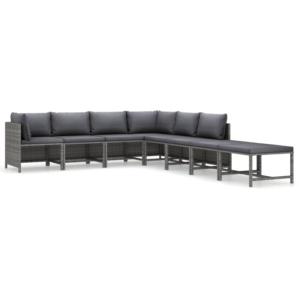 8-Delige Loungeset Met Kussens Poly Rattan Grijs 2x hoek + 4x midden + 2x voetensteun