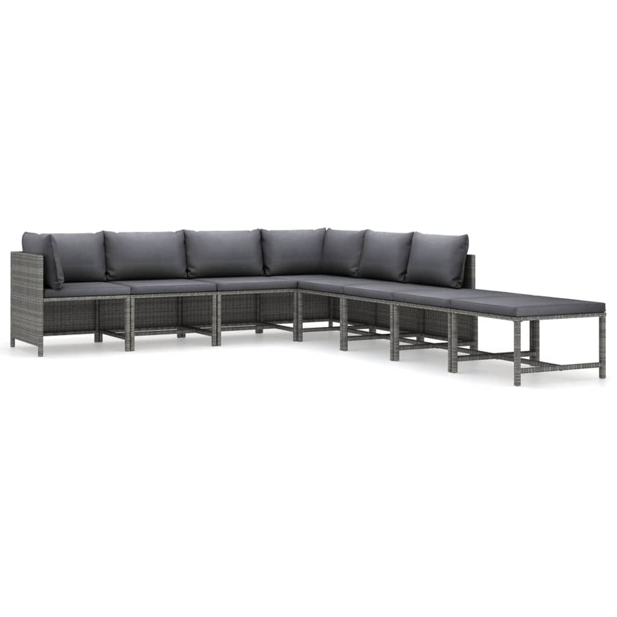 8-Delige Loungeset Met Kussens Poly Rattan Grijs 2x hoek + 4x midden + 2x voetensteun