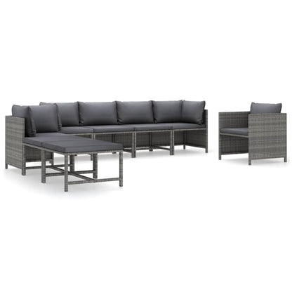 8-Delige Loungeset Met Kussens Poly Rattan Grijs 3x hoek + 2x midden + Fauteuil + 2x voetensteun