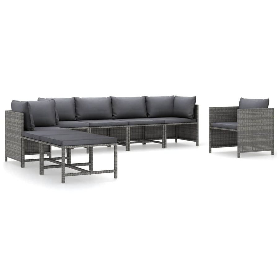 8-Delige Loungeset Met Kussens Poly Rattan Grijs 3x hoek + 2x midden + Fauteuil + 2x voetensteun