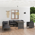 8-Delige Loungeset Met Kussens Poly Rattan Grijs 2x midden + 3x hoek + Fauteuil + voetensteun