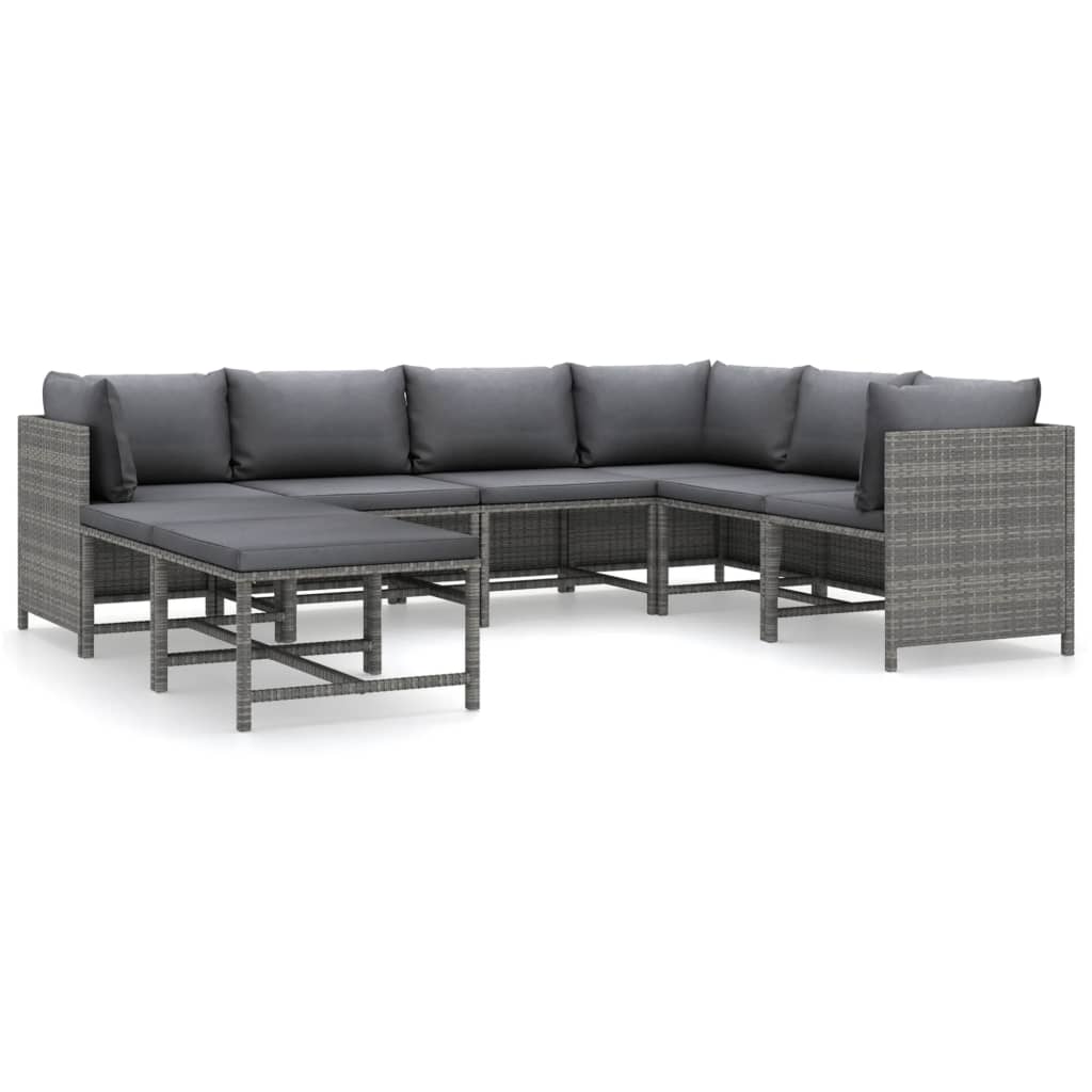8-Delige Loungeset Met Kussens Poly Rattan Grijs 3x hoek + 3x midden + 2x voetensteun