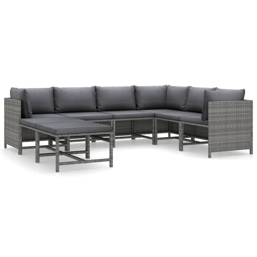 8-Delige Loungeset Met Kussens Poly Rattan Grijs 3x hoek + 3x midden + 2x voetensteun