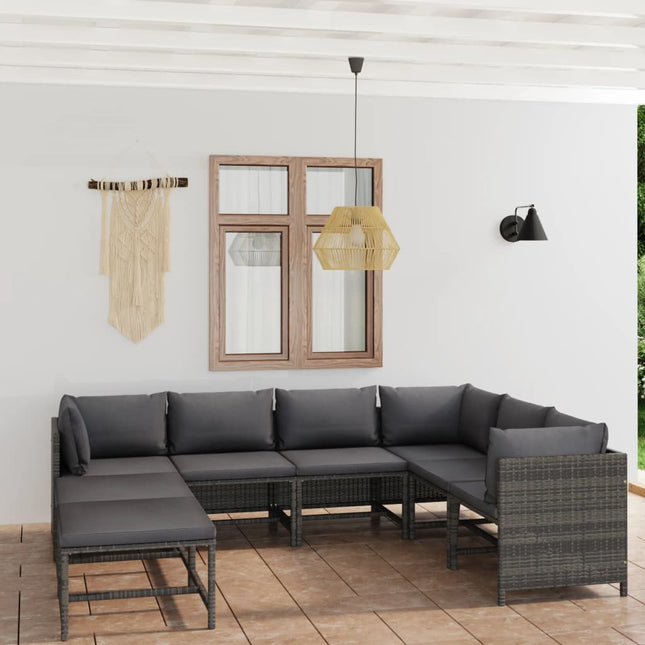 8-Delige Loungeset Met Kussens Poly Rattan Grijs 3x hoek + 3x midden + 2x voetensteun