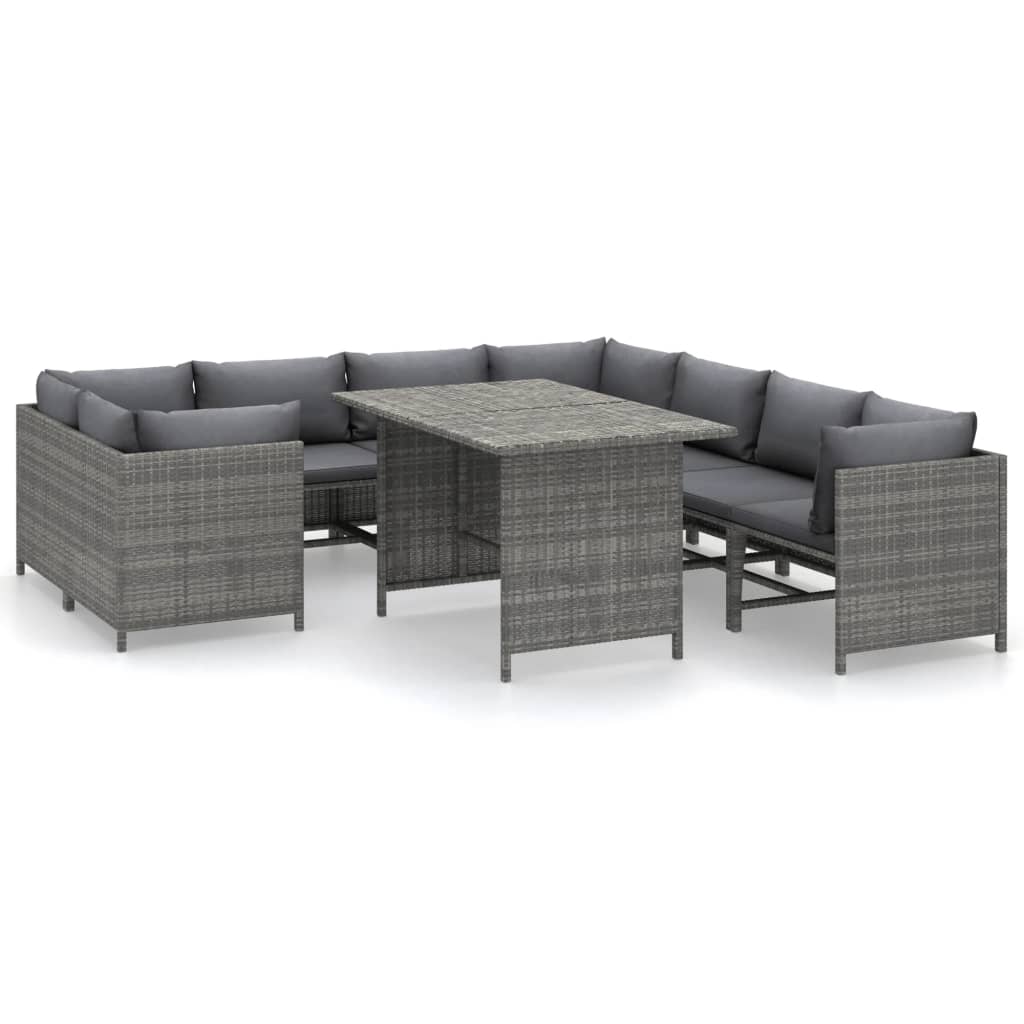 9-Delige Loungeset Met Kussens Poly Rattan Grijs 4x hoek + 4x midden + Tafel