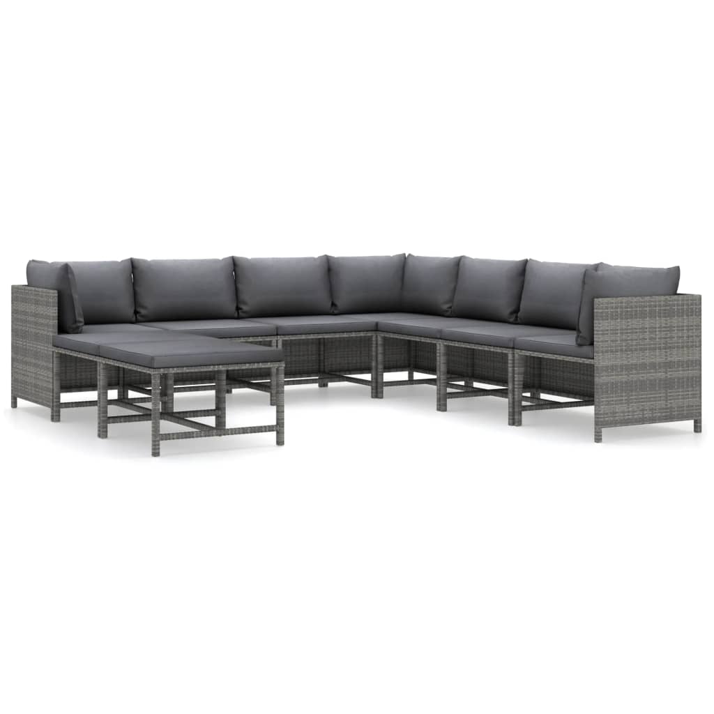 9-Delige Loungeset Met Kussens Poly Rattan Grijs 3x hoek + 4x midden + 2x voetensteun