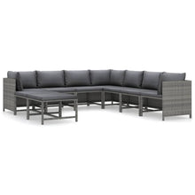 9-Delige Loungeset Met Kussens Poly Rattan Grijs 3x hoek + 4x midden + 2x voetensteun