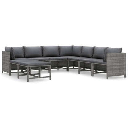 9-Delige Loungeset Met Kussens Poly Rattan Grijs 3x hoek + 4x midden + 2x voetensteun