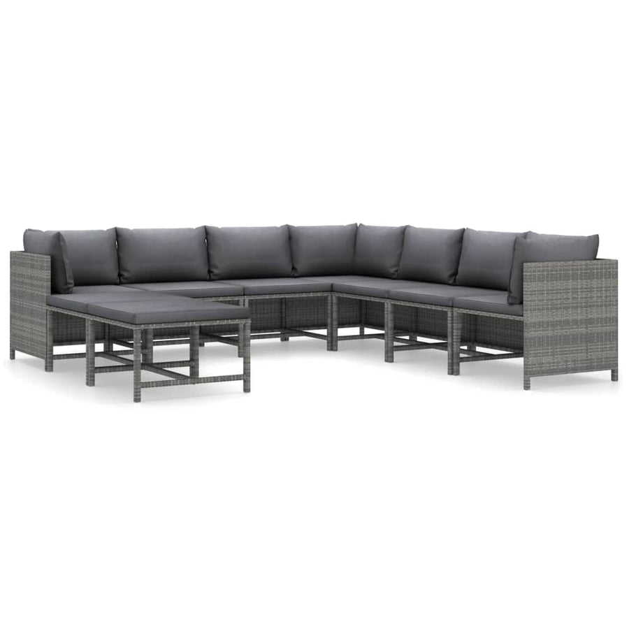 9-Delige Loungeset Met Kussens Poly Rattan Grijs 3x hoek + 4x midden + 2x voetensteun