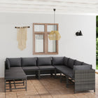 9-Delige Loungeset Met Kussens Poly Rattan Grijs 3x hoek + 4x midden + 2x voetensteun