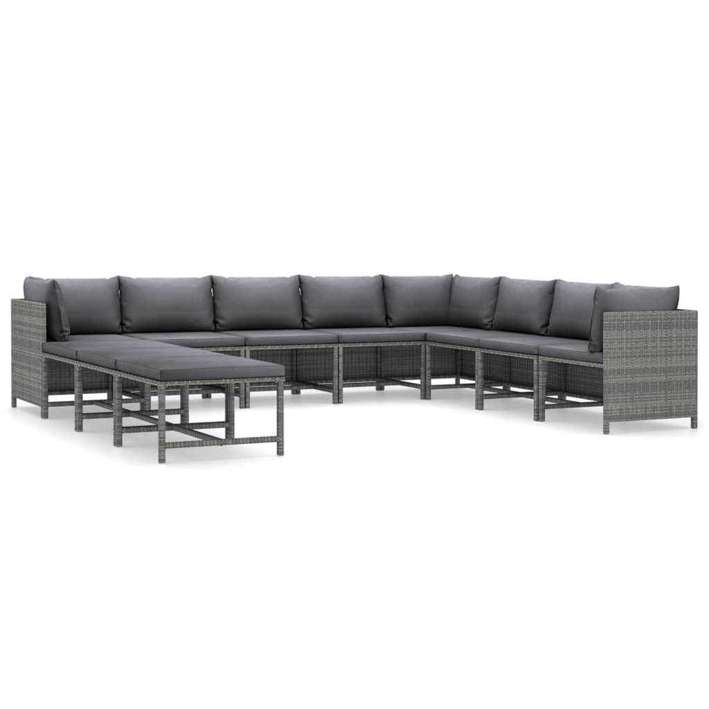 -Delige Loungeset Met Kussens Poly Rattan Grijs 3x hoek + 5x midden + 3x voetensteun