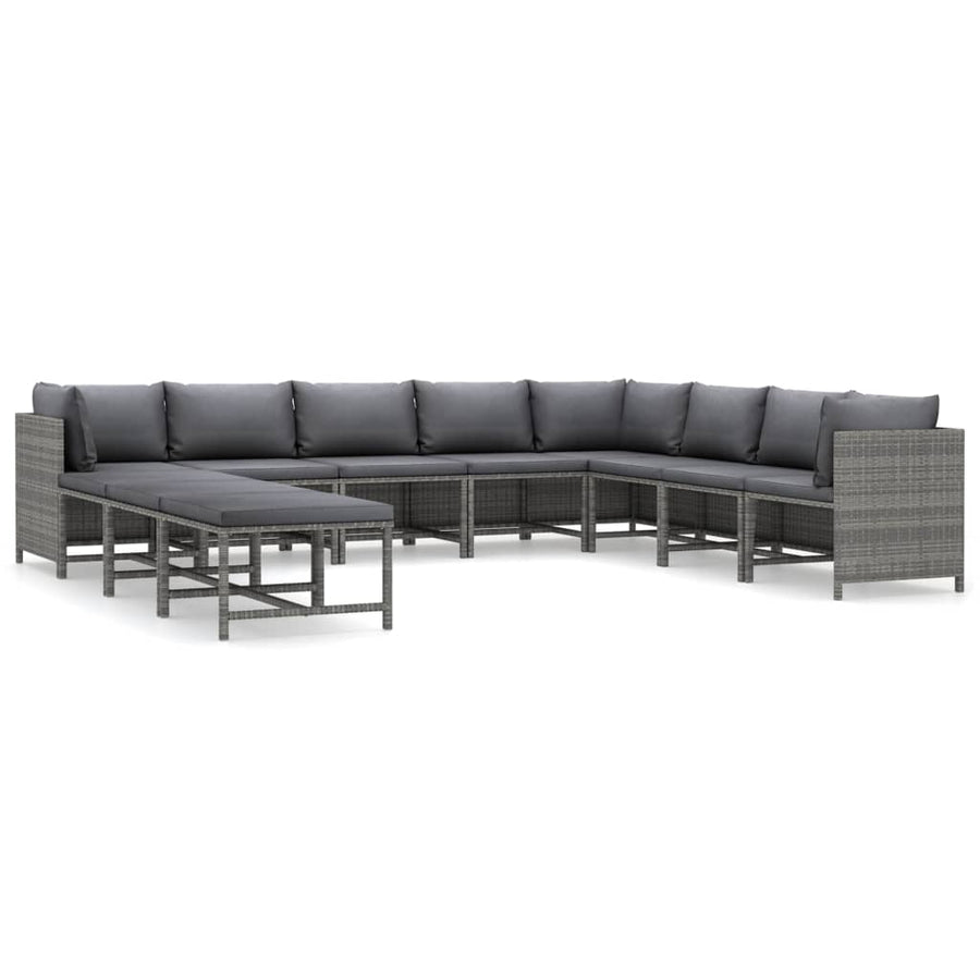 -Delige Loungeset Met Kussens Poly Rattan Grijs 3x hoek + 5x midden + 3x voetensteun