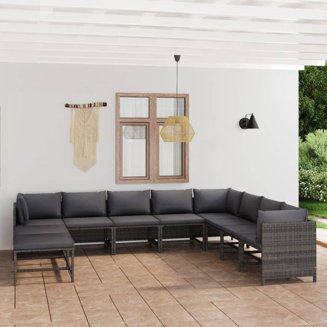 -Delige Loungeset Met Kussens Poly Rattan Grijs 3x hoek + 5x midden + 3x voetensteun