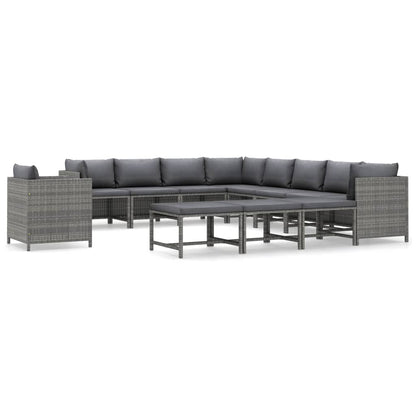 2-Delige Loungeset Met Kussens Poly Rattan Grijs 3x hoek + 5x midden + Fauteuil + 3x voetensteun