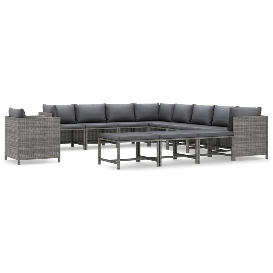 2-Delige Loungeset Met Kussens Poly Rattan Grijs 3x hoek + 5x midden + Fauteuil + 3x voetensteun