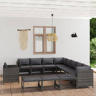 2-Delige Loungeset Met Kussens Poly Rattan Grijs 3x hoek + 5x midden + Fauteuil + 3x voetensteun