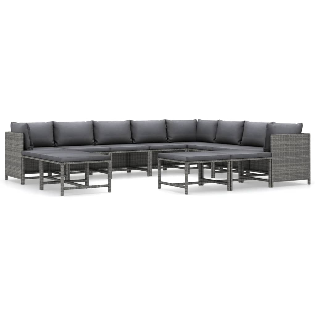 2-Delige Loungeset Met Kussens Poly Rattan Grijs 3x hoek + 5x midden + 4x voetensteun