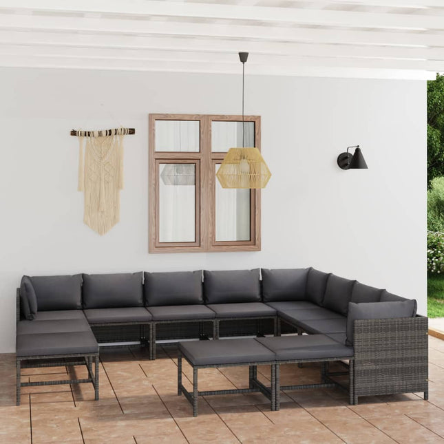 2-Delige Loungeset Met Kussens Poly Rattan Grijs 3x hoek + 5x midden + 4x voetensteun