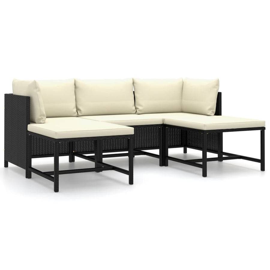 5-Delige Loungeset Met Kussens Poly Rattan Zwart 2x hoek + midden + 2x voetensteun