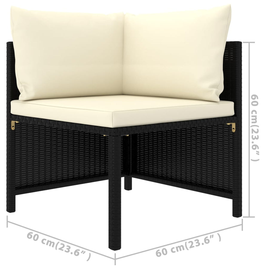 5-Delige Loungeset Met Kussens Poly Rattan Zwart 2x hoek + midden + 2x voetensteun