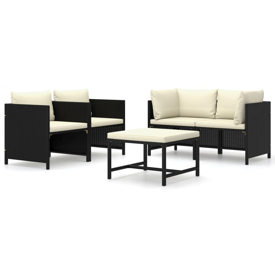 5-Delige Loungeset Met Kussens Poly Rattan Zwart 2x hoek + 2x Fauteuil + Tafel