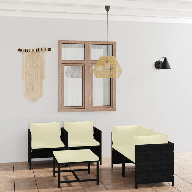 5-Delige Loungeset Met Kussens Poly Rattan Zwart 2x hoek + 2x Fauteuil + Tafel