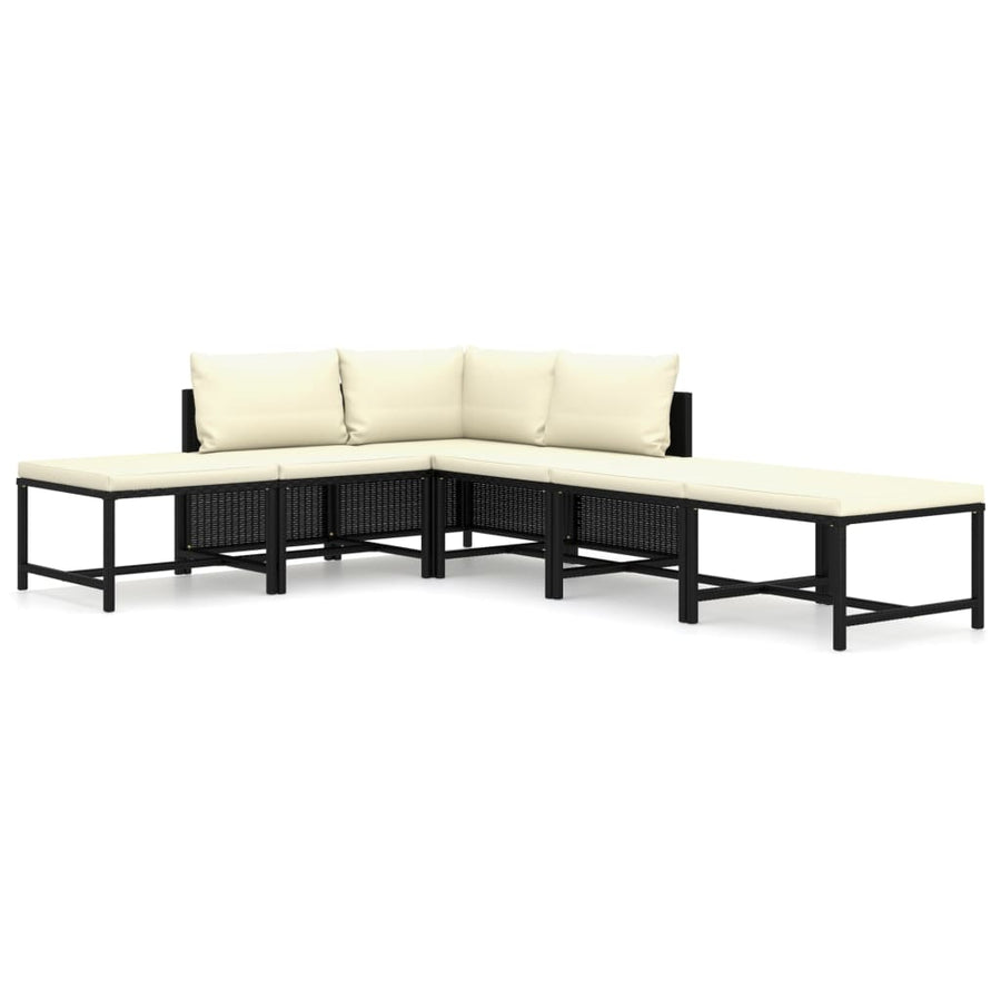 6-Delige Loungeset Met Kussens Poly Rattan Zwart Hoek + 2x midden + 3x voetensteun