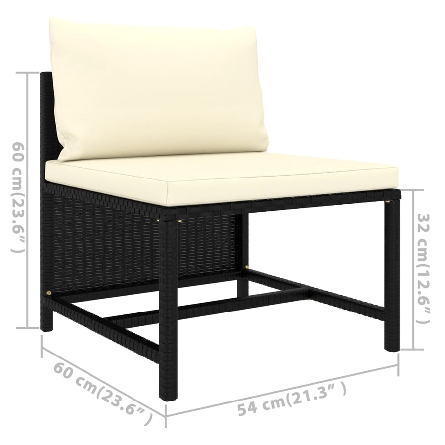 6-Delige Loungeset Met Kussens Poly Rattan Zwart Hoek + 2x midden + 3x voetensteun