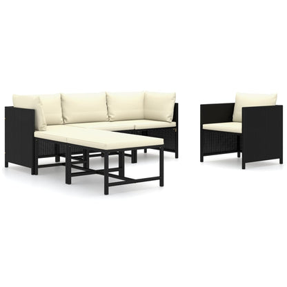 6-Delige Loungeset Met Kussens Poly Rattan Zwart 2x hoek + midden + Fauteuil + 2x voetensteun