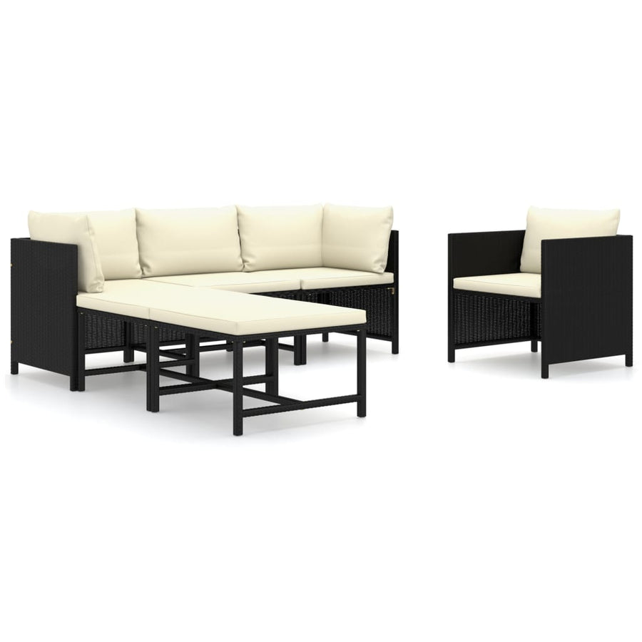 6-Delige Loungeset Met Kussens Poly Rattan Zwart 2x hoek + midden + Fauteuil + 2x voetensteun