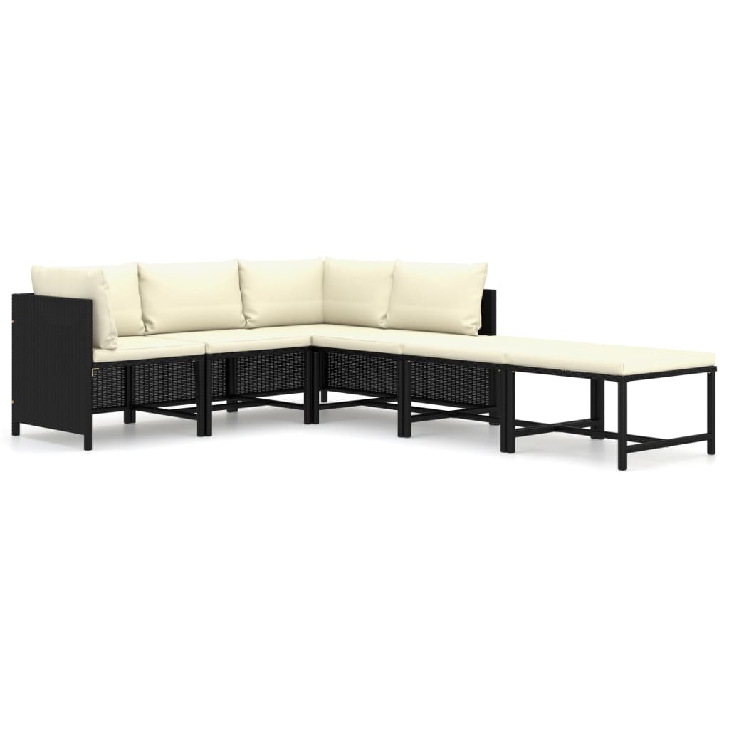 6-Delige Loungeset Met Kussens Poly Rattan Zwart 2x hoek + 2x midden + 2x voetensteun