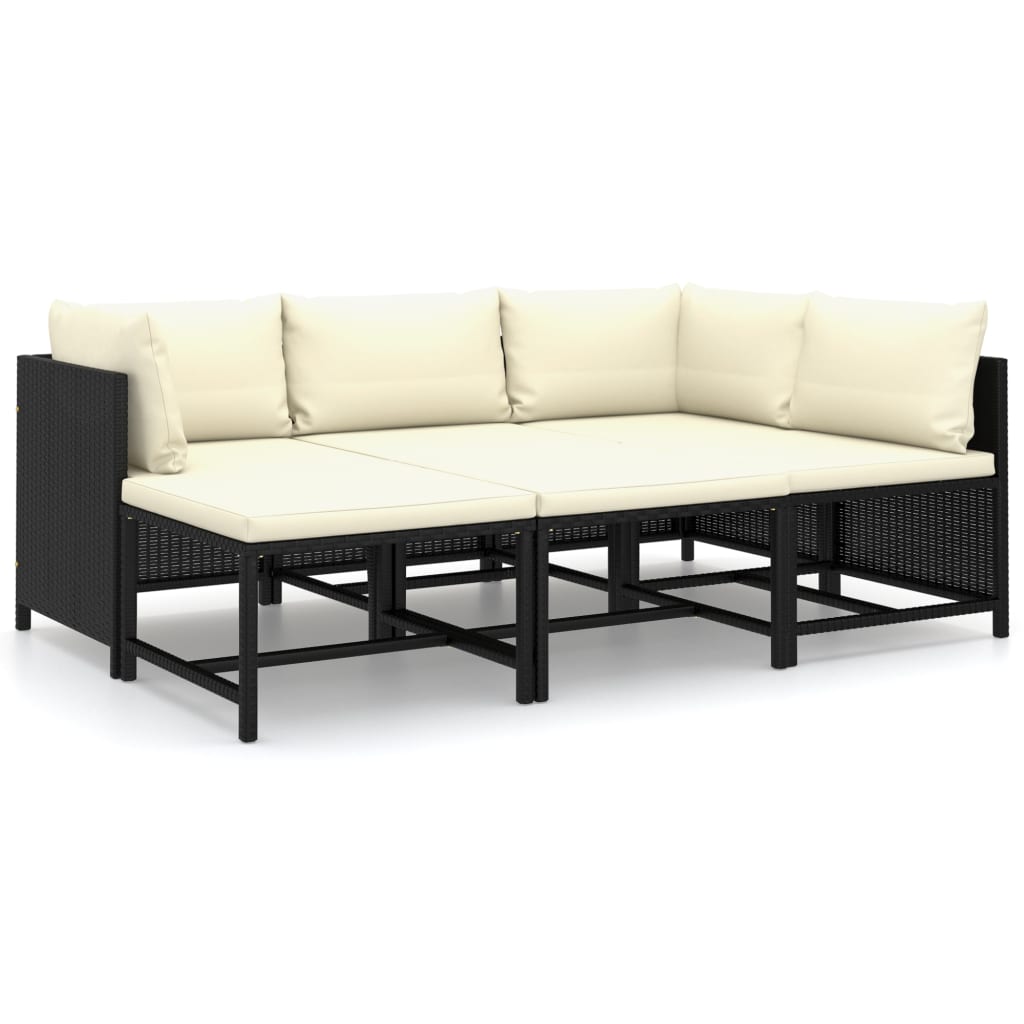 6-Delige Loungeset Met Kussens Poly Rattan Zwart 2x hoek + 2x midden + 2x voetensteun
