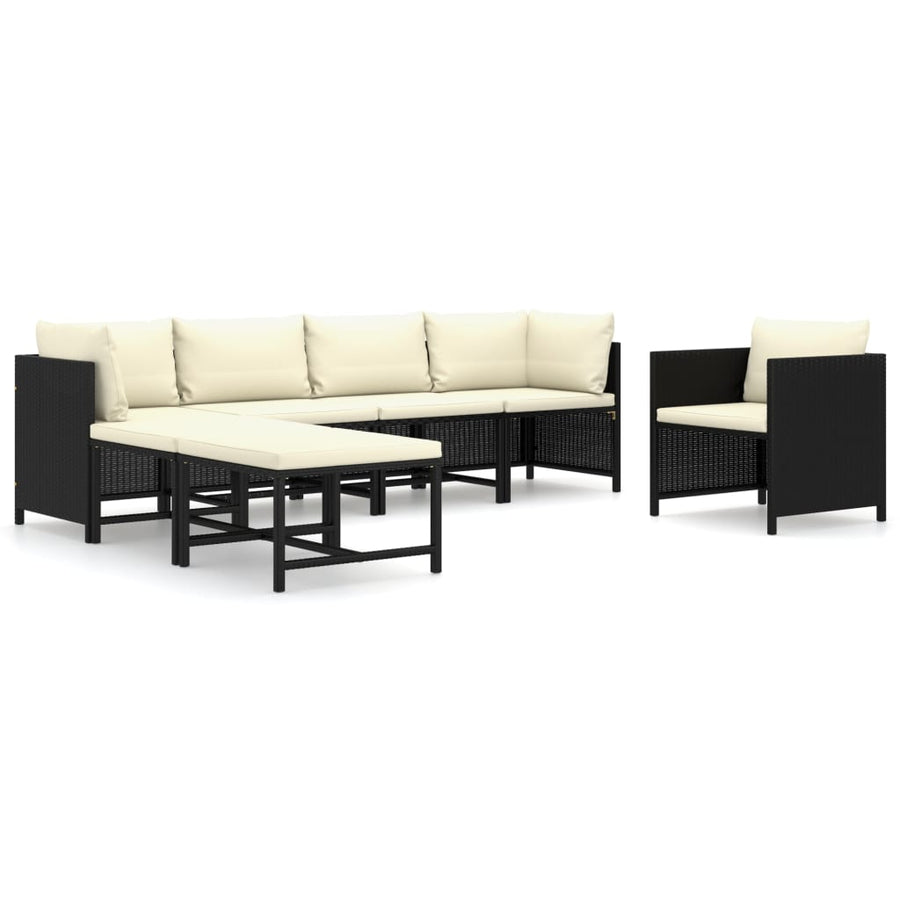 7-Delige Loungeset Met Kussens Poly Rattan Zwart 2x hoek + 2x midden + Fauteuil + 2x voetensteun