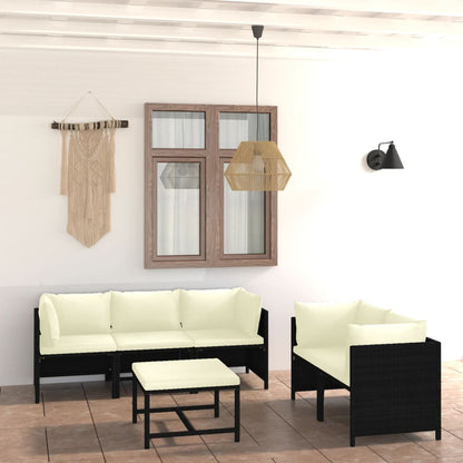 6-Delige Loungeset Met Kussens Poly Rattan Zwart 4x hoek + midden + Tafel