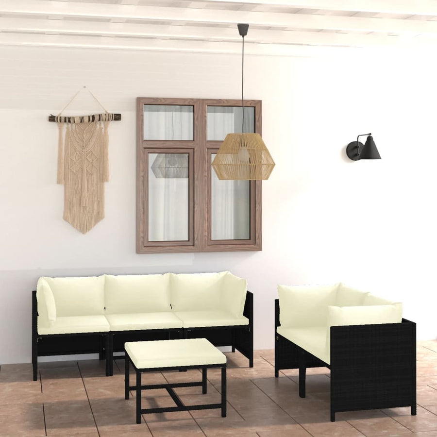 6-Delige Loungeset Met Kussens Poly Rattan Zwart 4x hoek + midden + Tafel